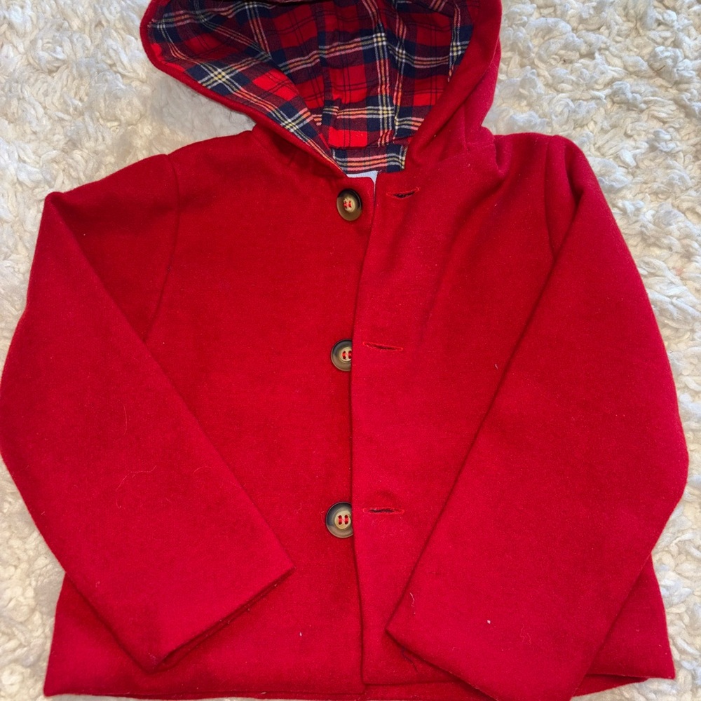 Bella Bliss Red Pea Coat with Plaid Lining & Hood